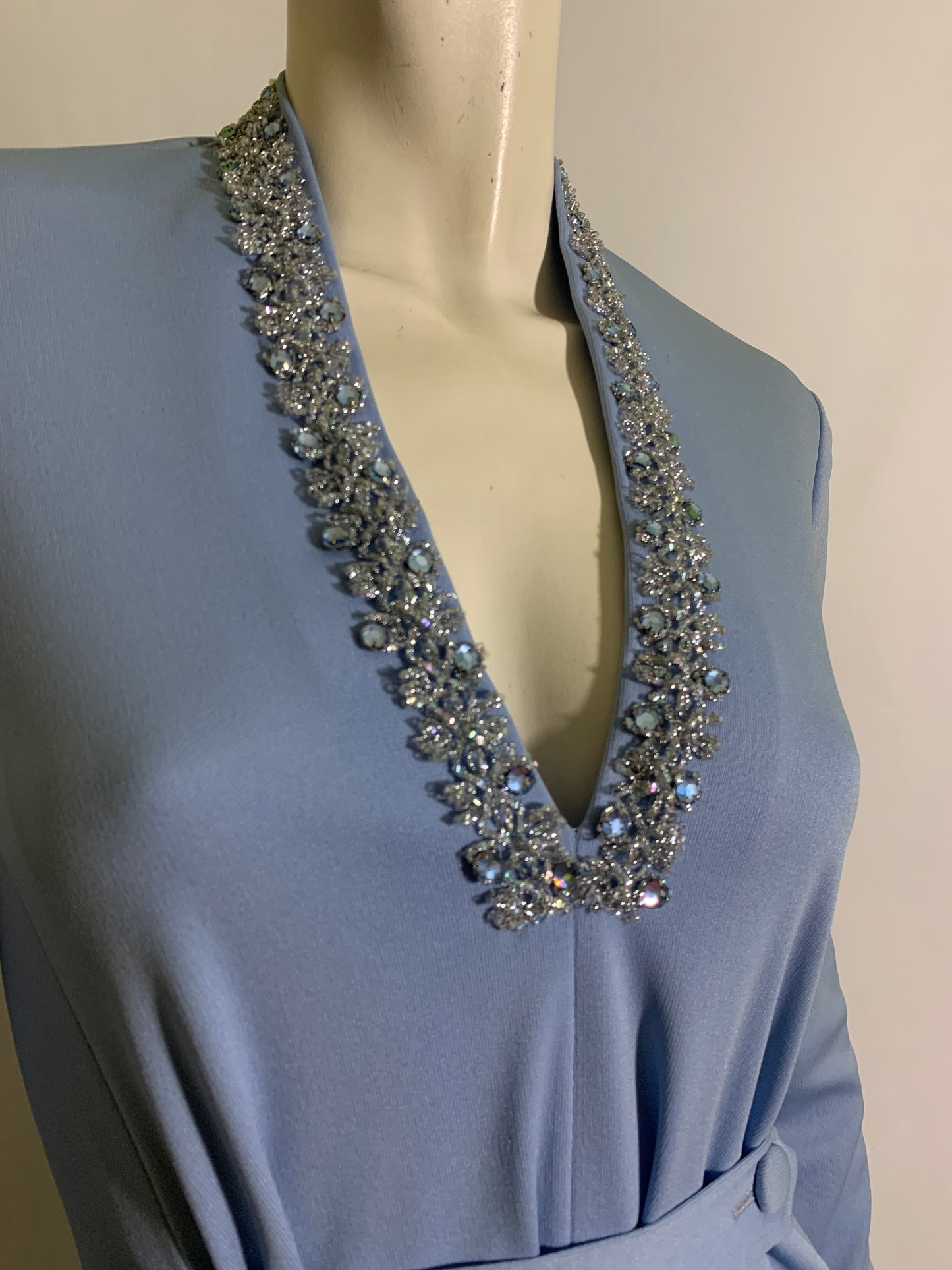 Ocean Blue Knit Poly Maxi Dress Rhinestone Neckline circa 1970s