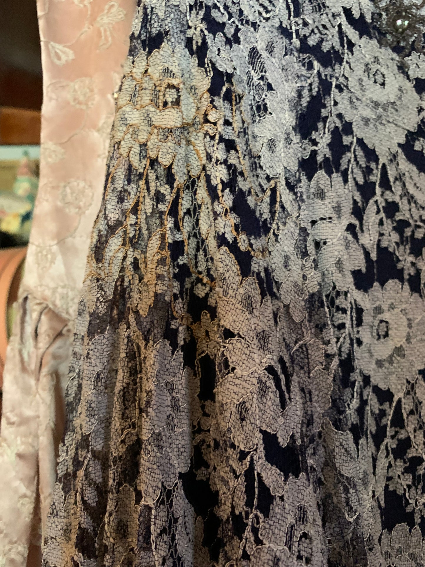Deep Blue and White Lace Full Skirt Party Dress with Beading and Rhinestones circa 1950s