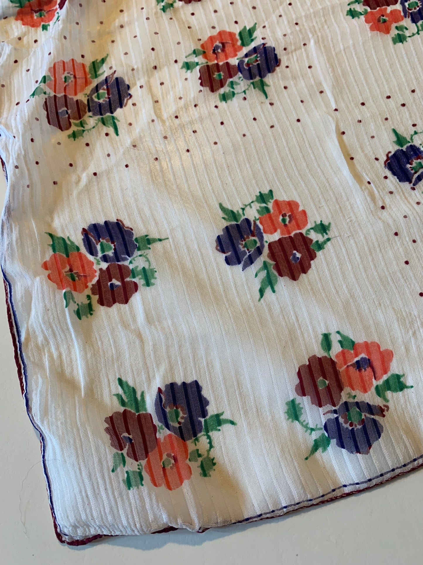 Burgundy, Blue and Salmon Pink Floral White Silk Handkerchief circa 1940s
