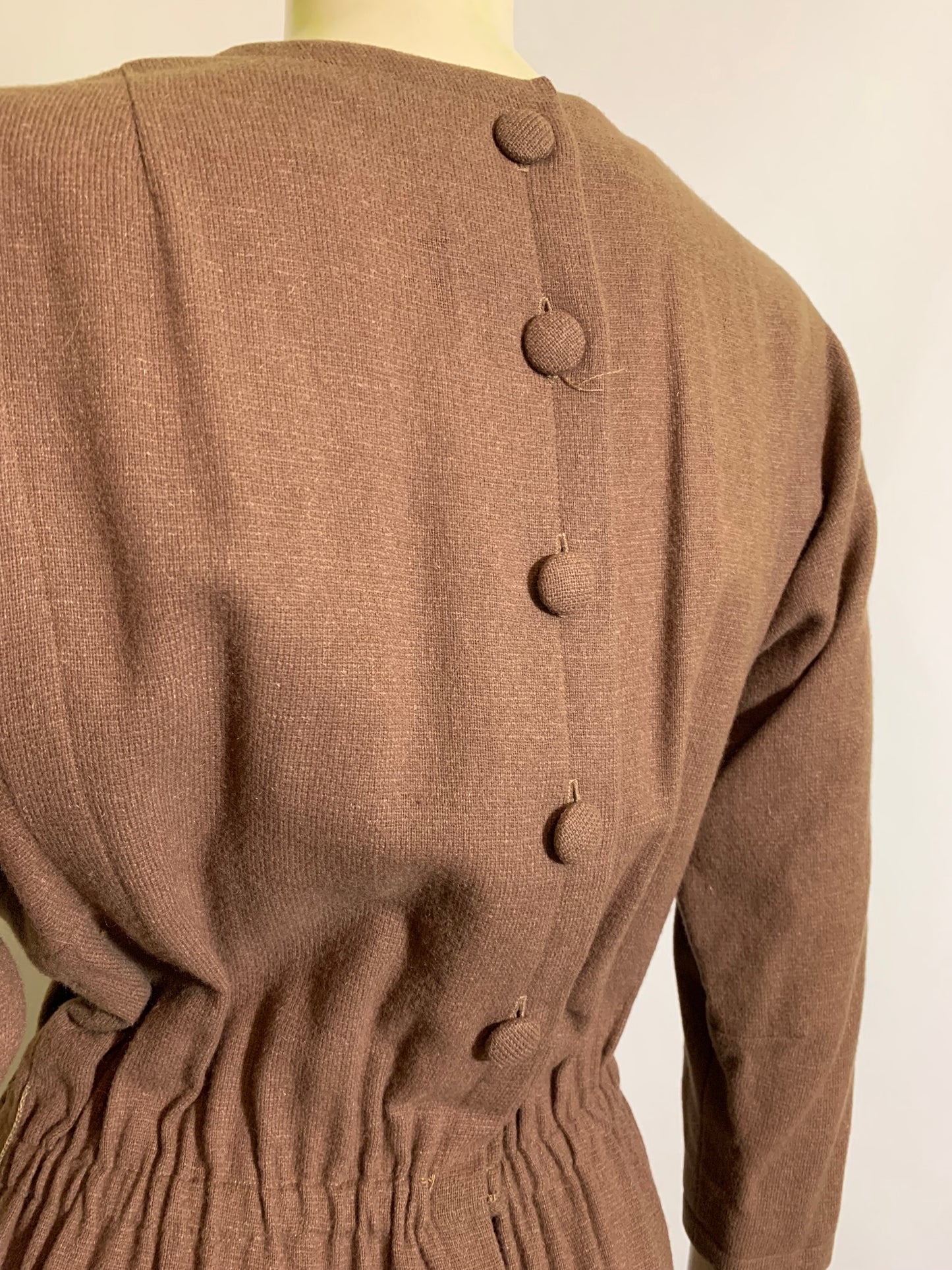 Clay Brown Wool Sheath Dress with Covered Buttons Down Back circa 1960s