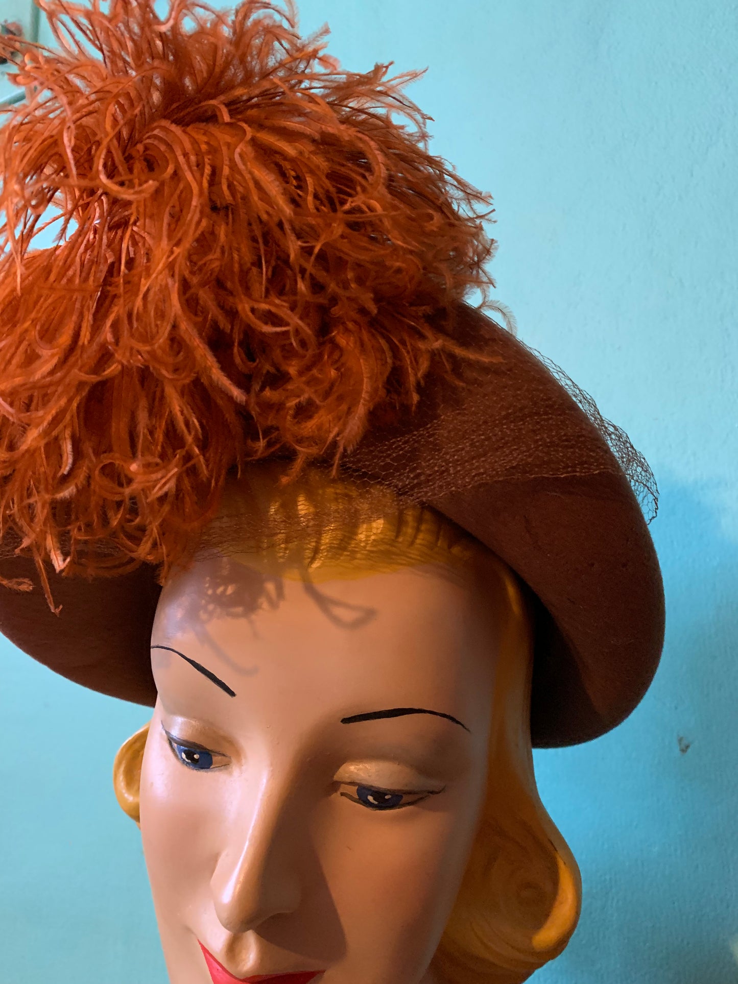Cinnamon and Tangerine Dramatically Plumed Felted Hat circa 1940s