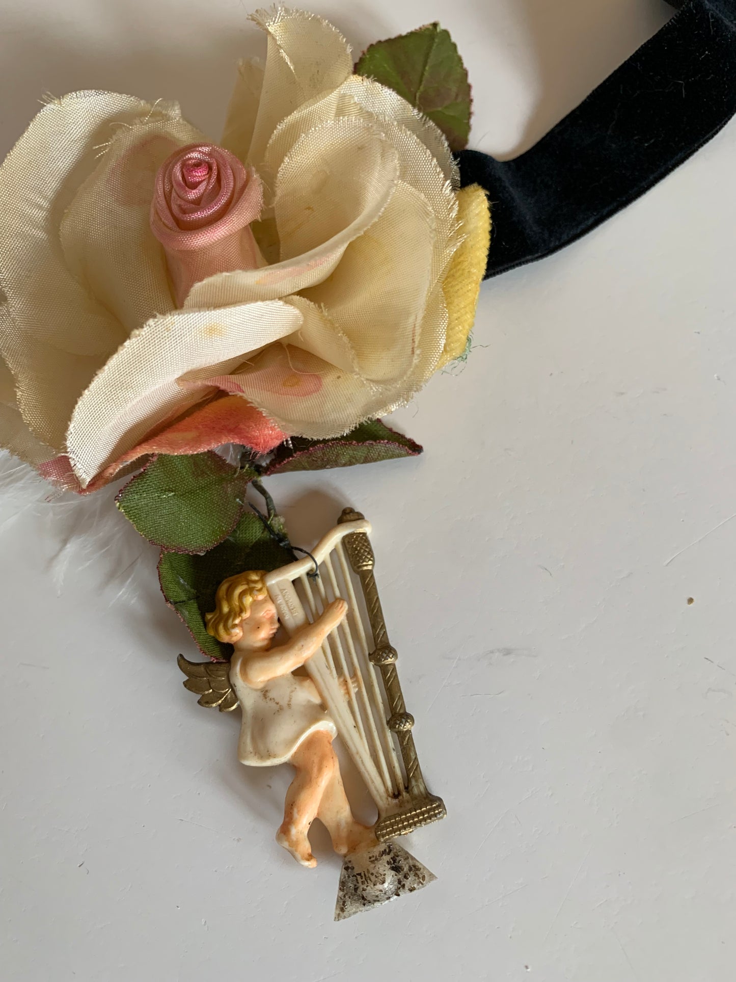 Earthly Delight Reimagined Antique Black Velvet Ribbon Choker with Harp Playing Cherub, Rose and Feather