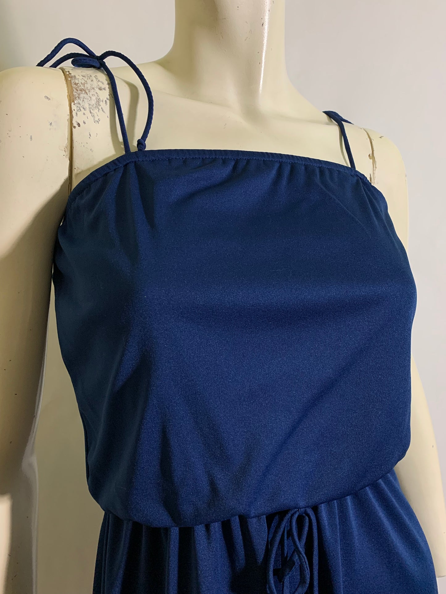 Deep Blue Jersey Nylon Spaghetti Strap Disco Dress circa 1970s