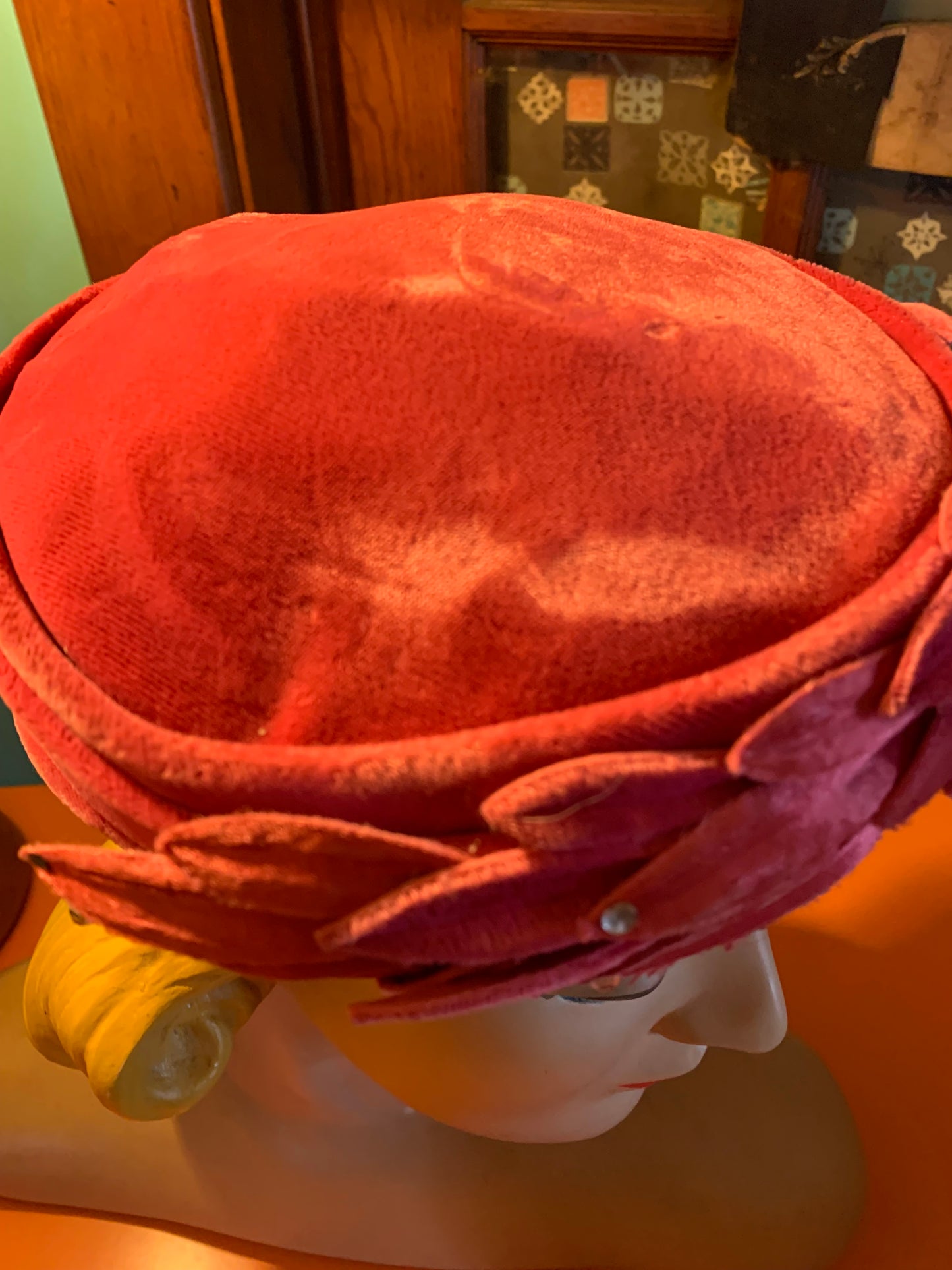 Hot Pink Velvet Short Pill Box Hat with Winged Accent circa 1960s