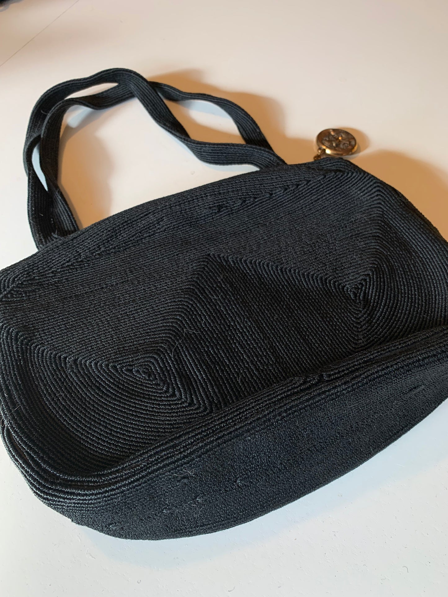 Black Double Handle Cordé Style Handbag with Nouveau Zipper Pull circa 1940s
