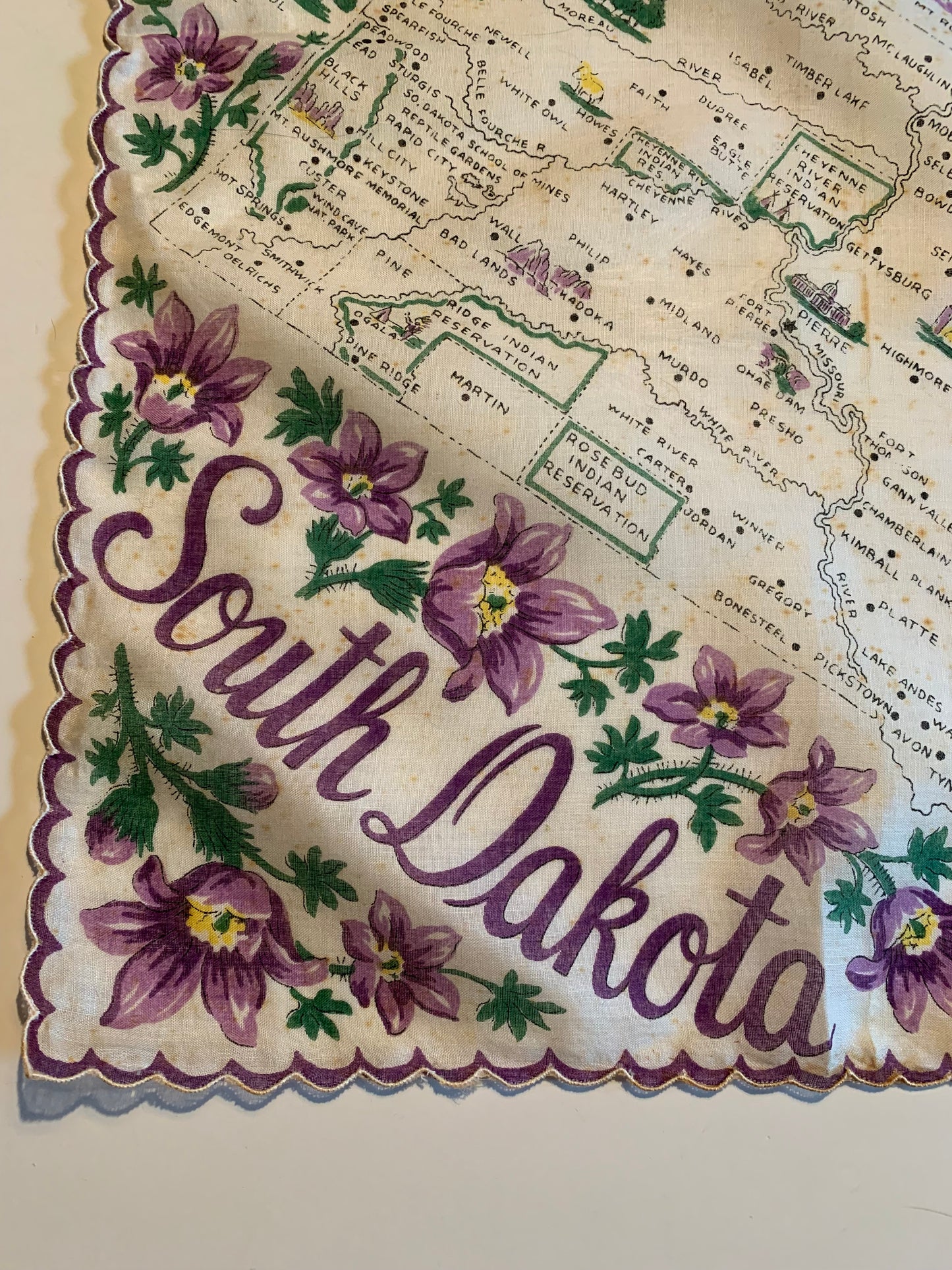 South Dakota Souvenir Cotton Handkerchief circa 1950s