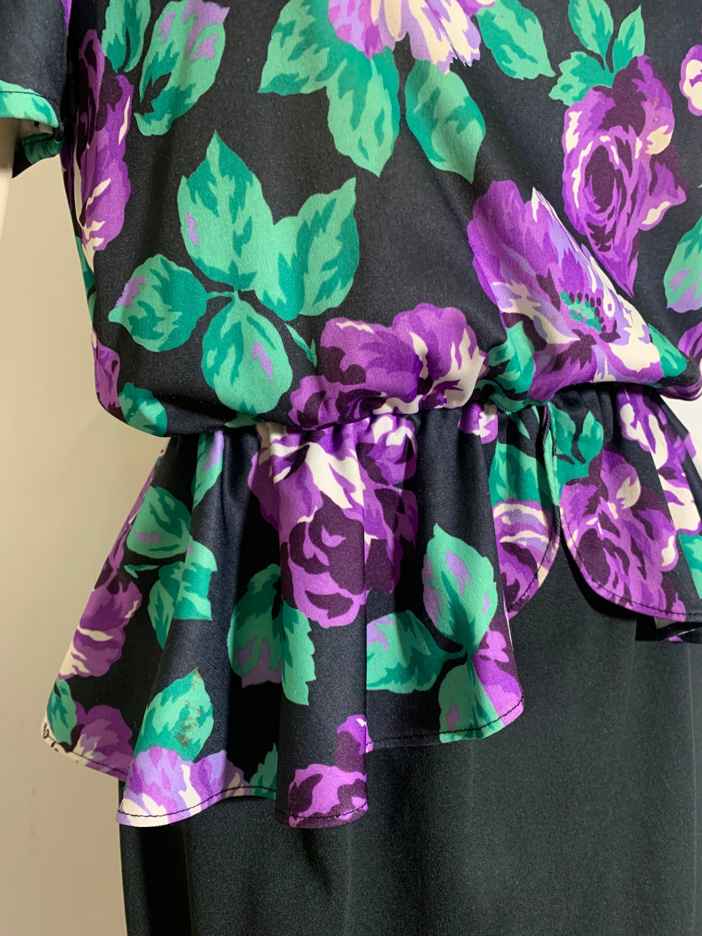 Purple Rose Print Jersey Nylon Peplum Dress Ruched Sleeves circa 1980s