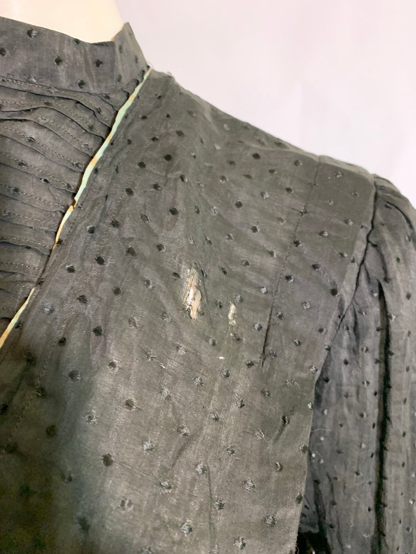 Black Silk Dotted Weave Back Hook Blouse with Aqua Blue Trim circa 1900s