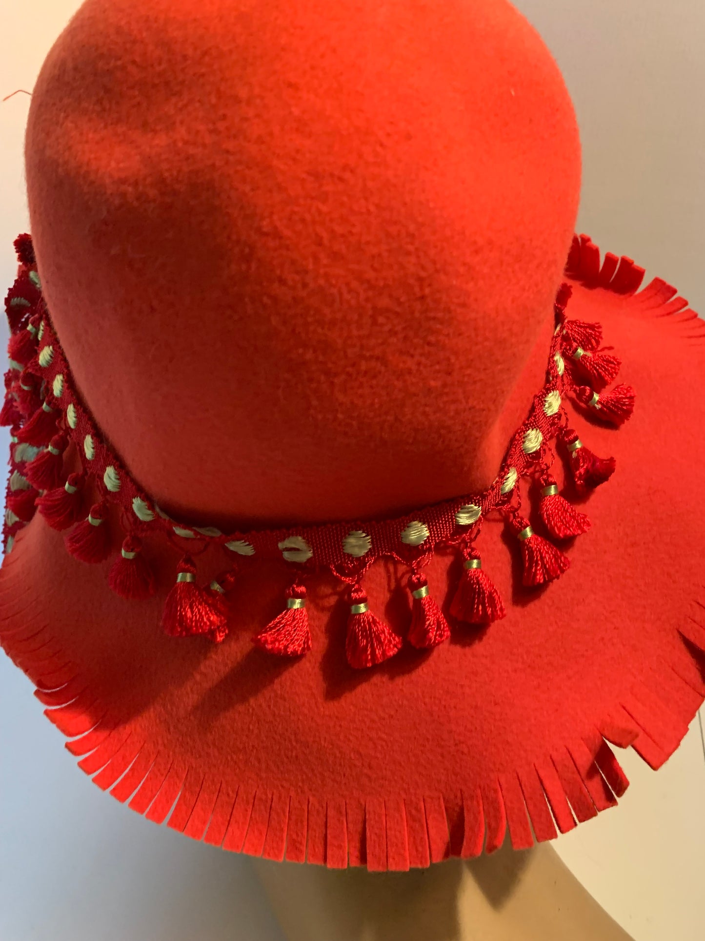 Citrus Orange Felted Wool with Fringe Edges Pom Pom Trim circa 1970s