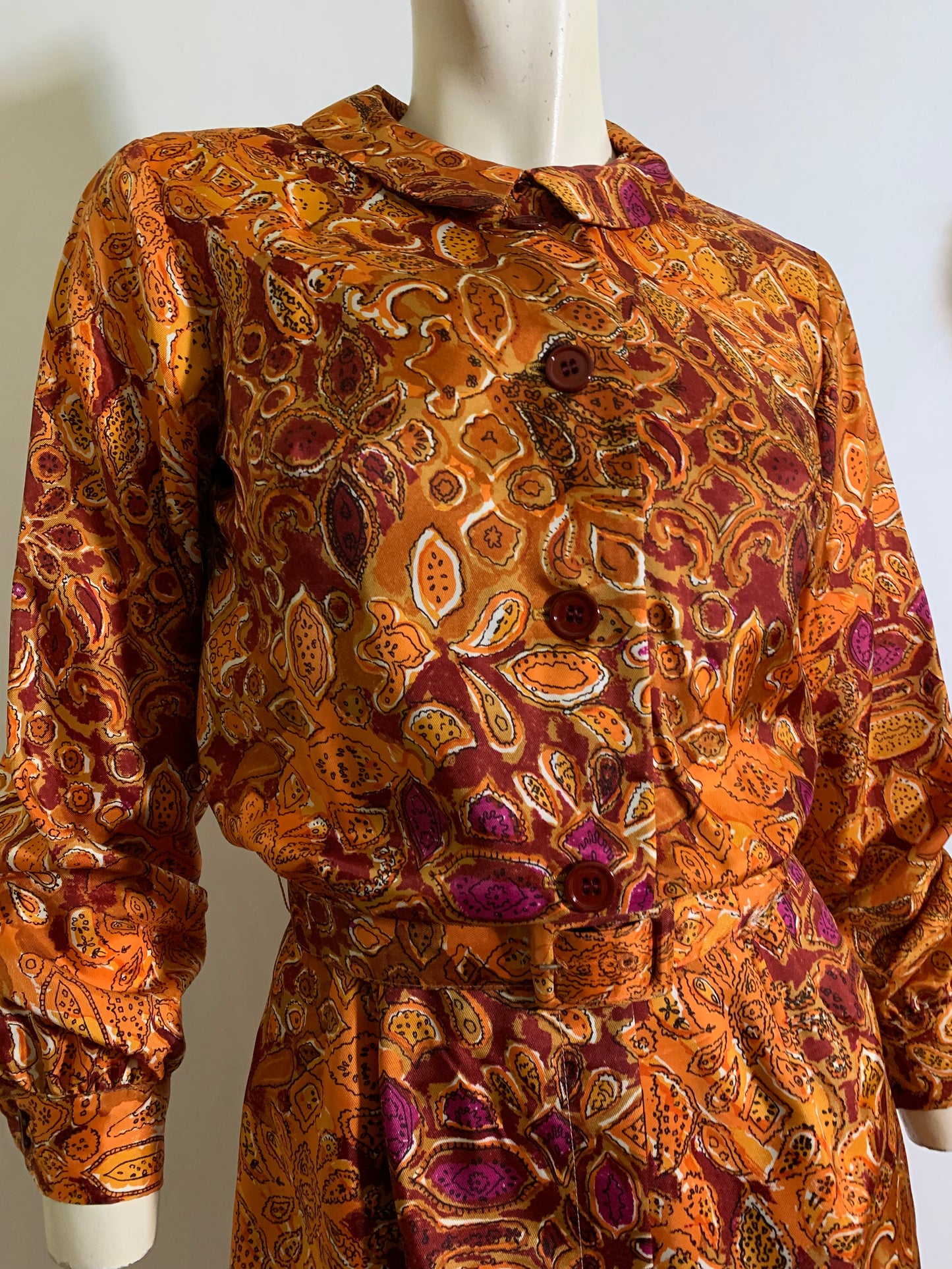 Fire Orange Paisley and Fig Print Dress circa 1960s
