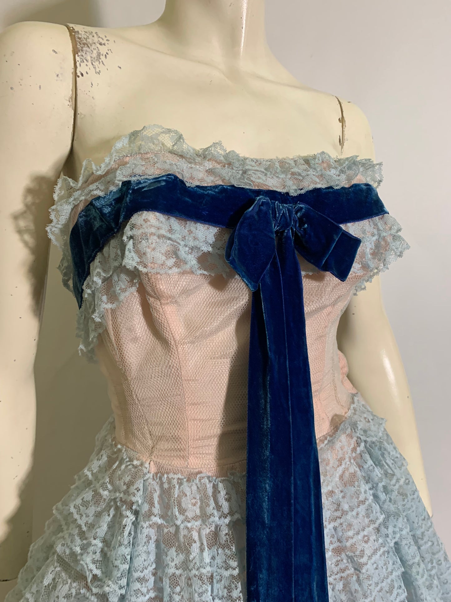 Baby Blue Lace and Tulle Strapless Party Dress Blue Velvet Ribbon circa 1960s