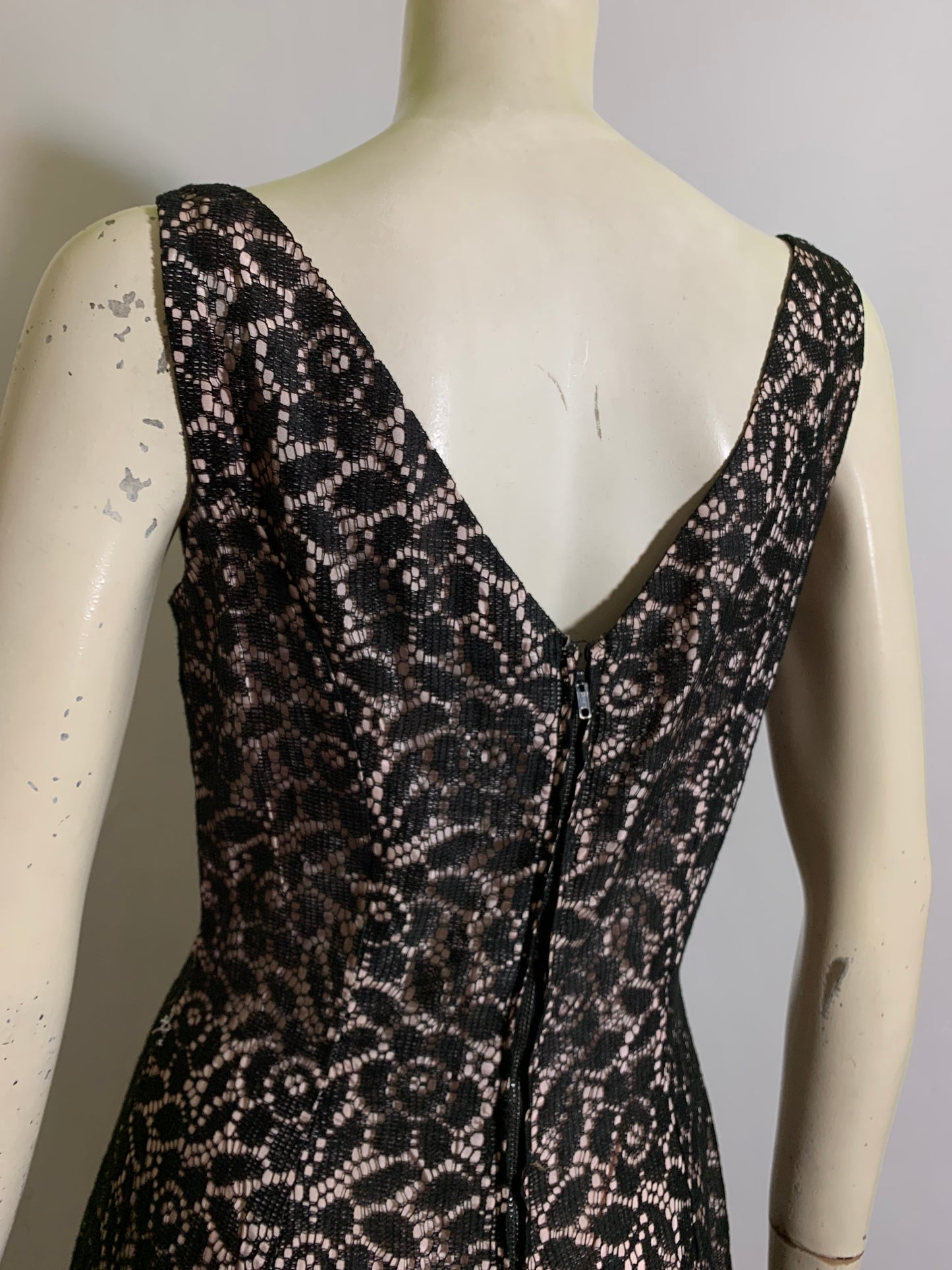 Black and Pink Illusion Lace Full Skirt Dress circa 1960s