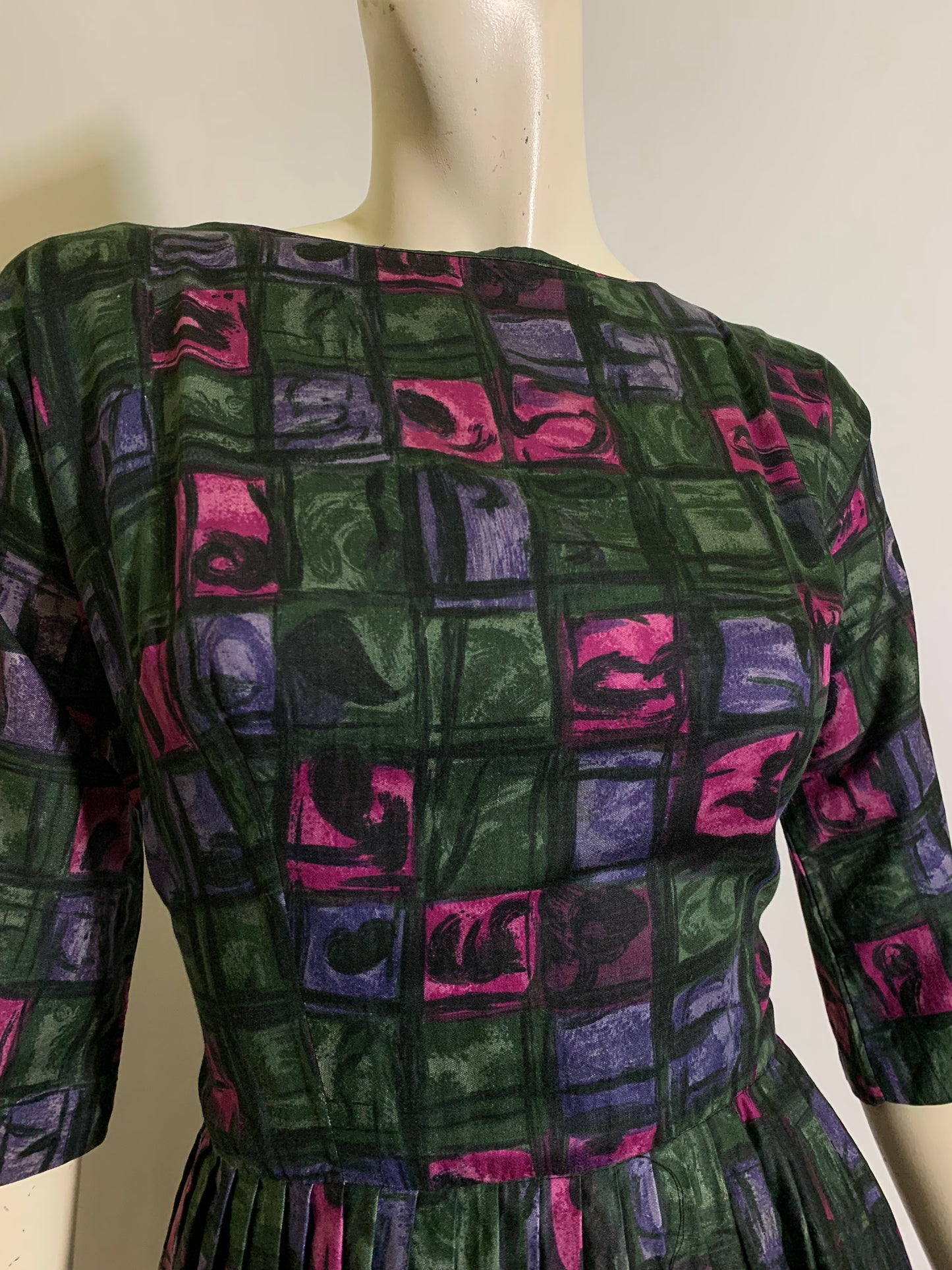 Pink and Green Abstract Print Cotton Dress with Full Skirt circa 1960s