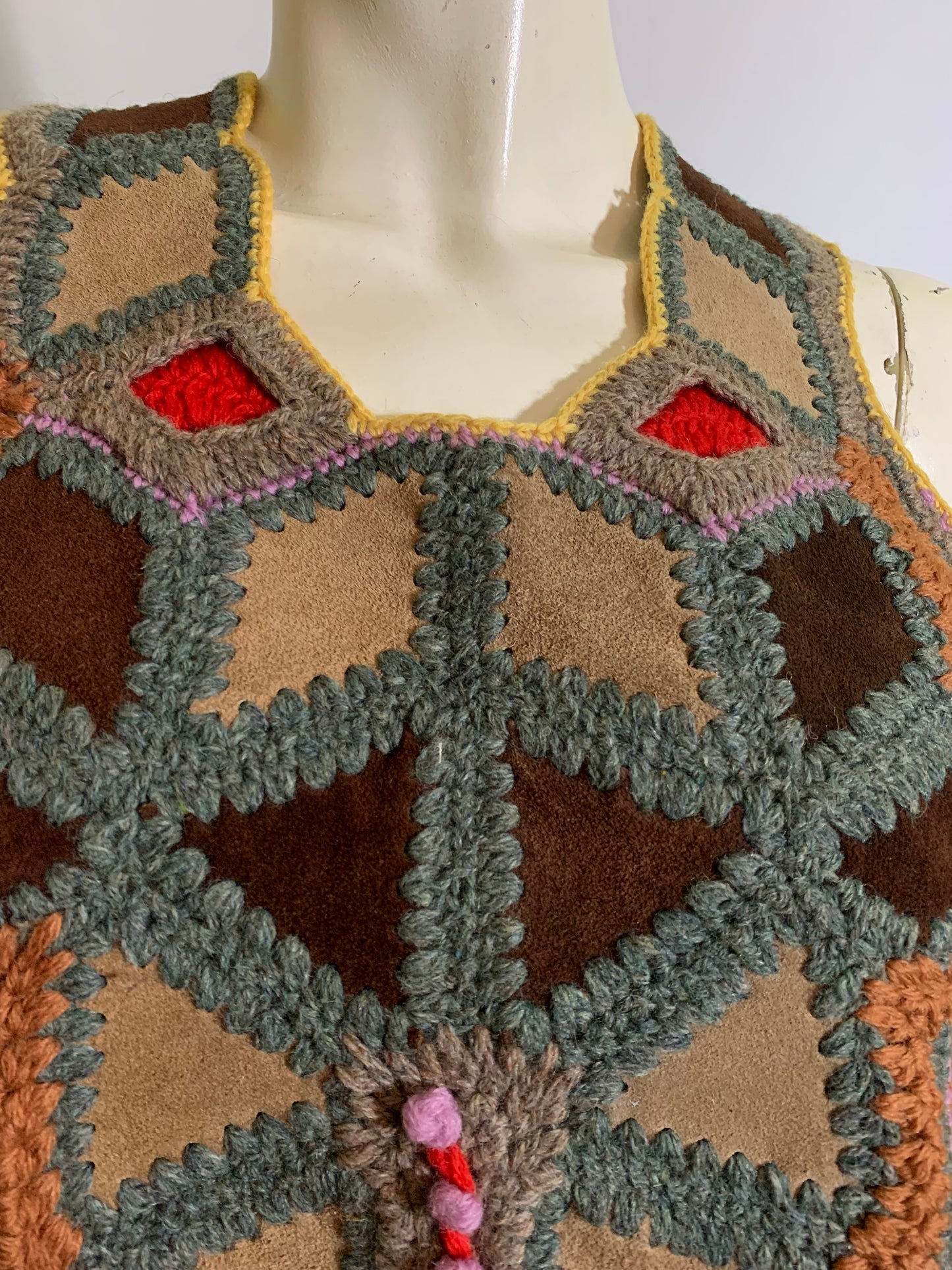 Bohemian Crocheted Leather and Suede Button Side Vest circa 1970s Halston