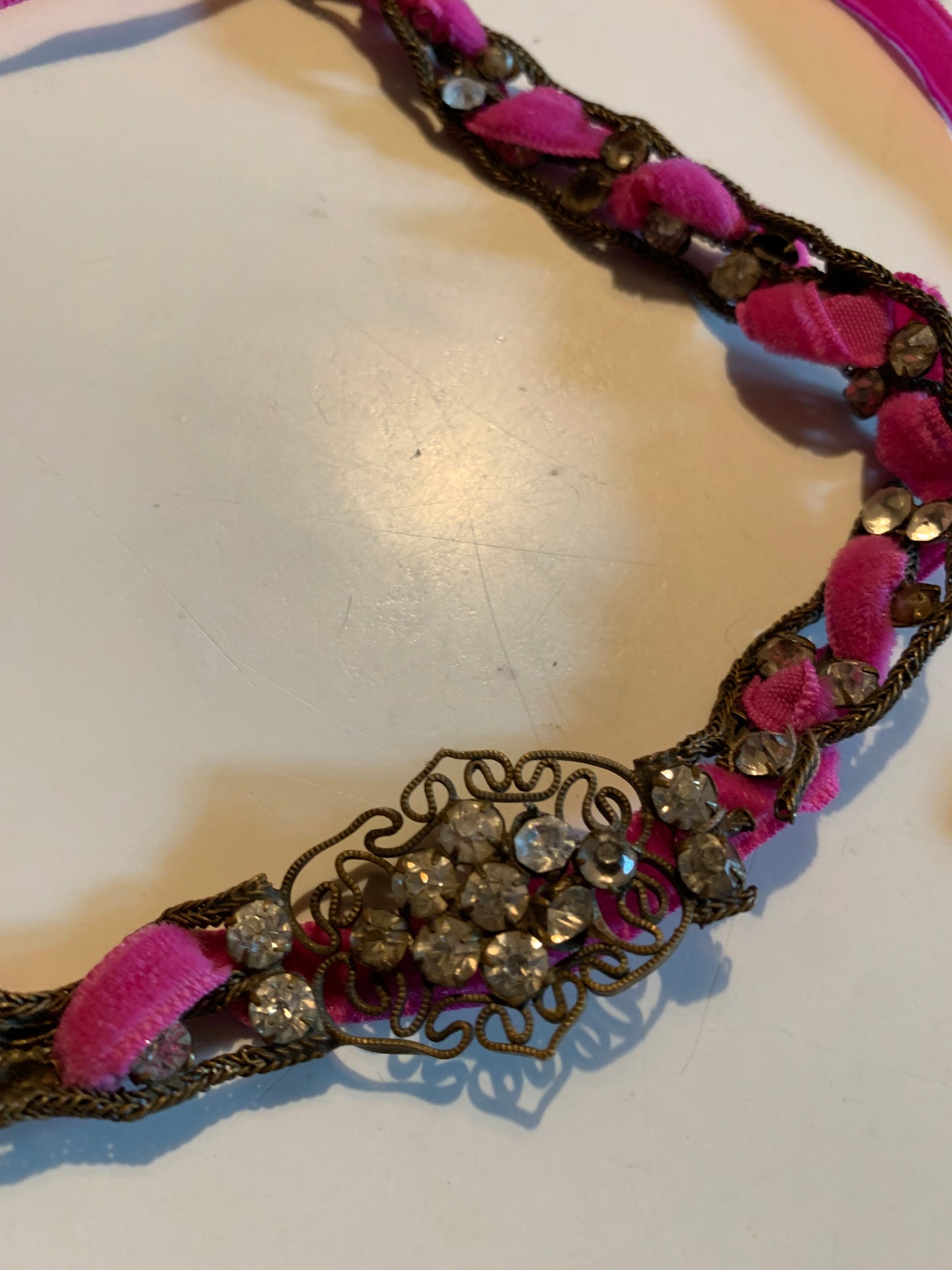 Rhinestone and Faux Pearl Metal Headpiece or Necklace Pink Ribbon