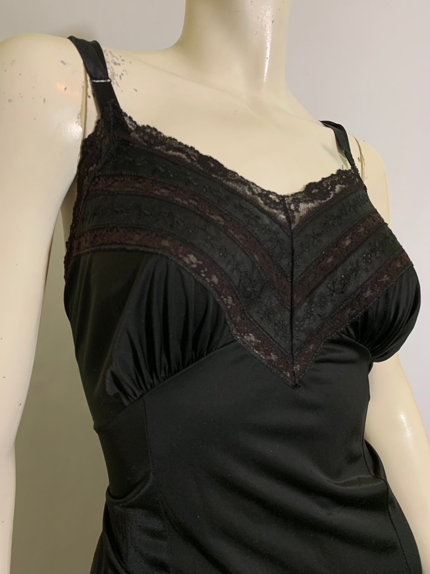 Midnight Black Nylon Full Slip with Lace Trim circa 1960s 38