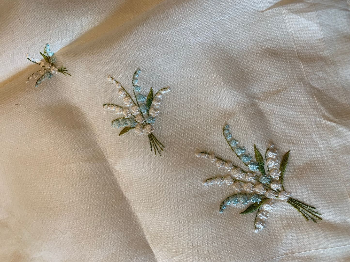 White Cotton Handkerchief with Lily of the Valley Embroidery circa 1960s