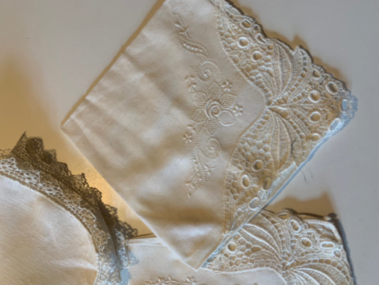 2 Pale Ivory Cotton Handkerchiefs with Lace or Tatting circa 1950s