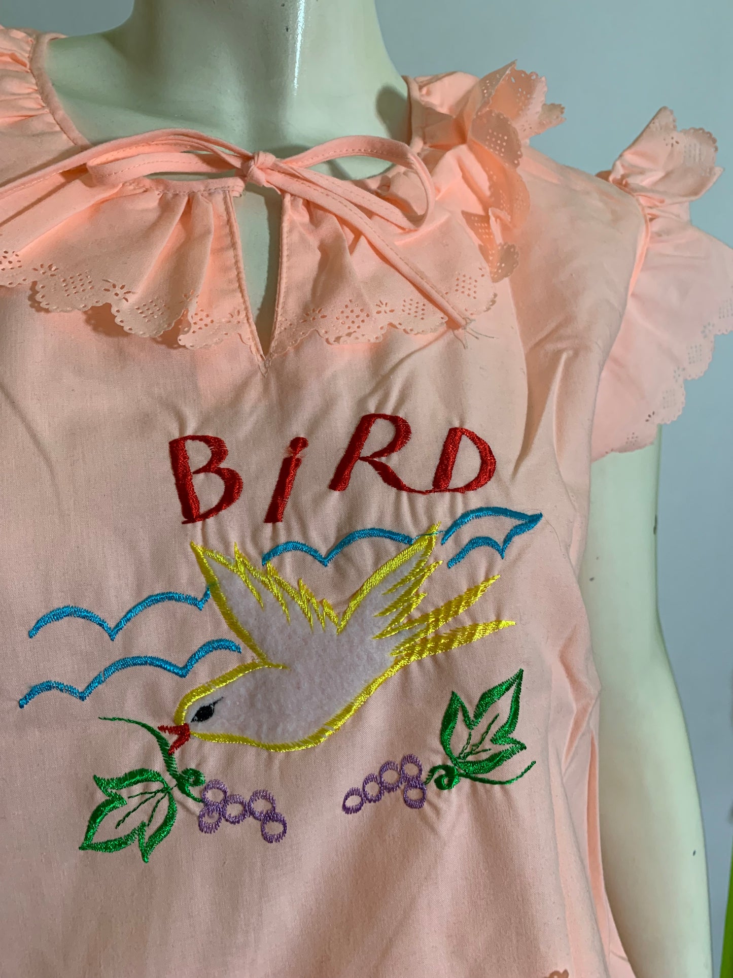 Souvenir Style Bird Embroidered Peach Cotton 1930s Style Pajama Set circa 1980s