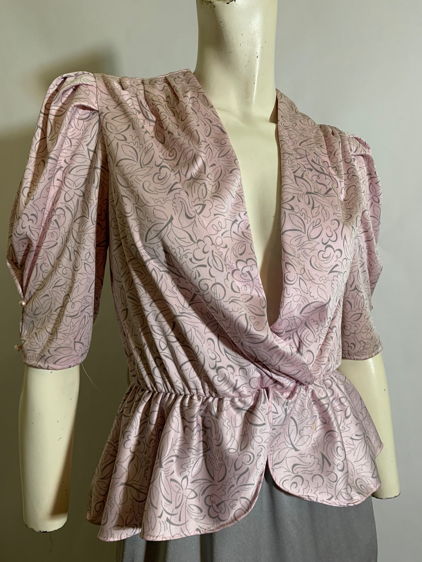 Pale Pink and Gray Nylon Dress with Peplum circa 1980s