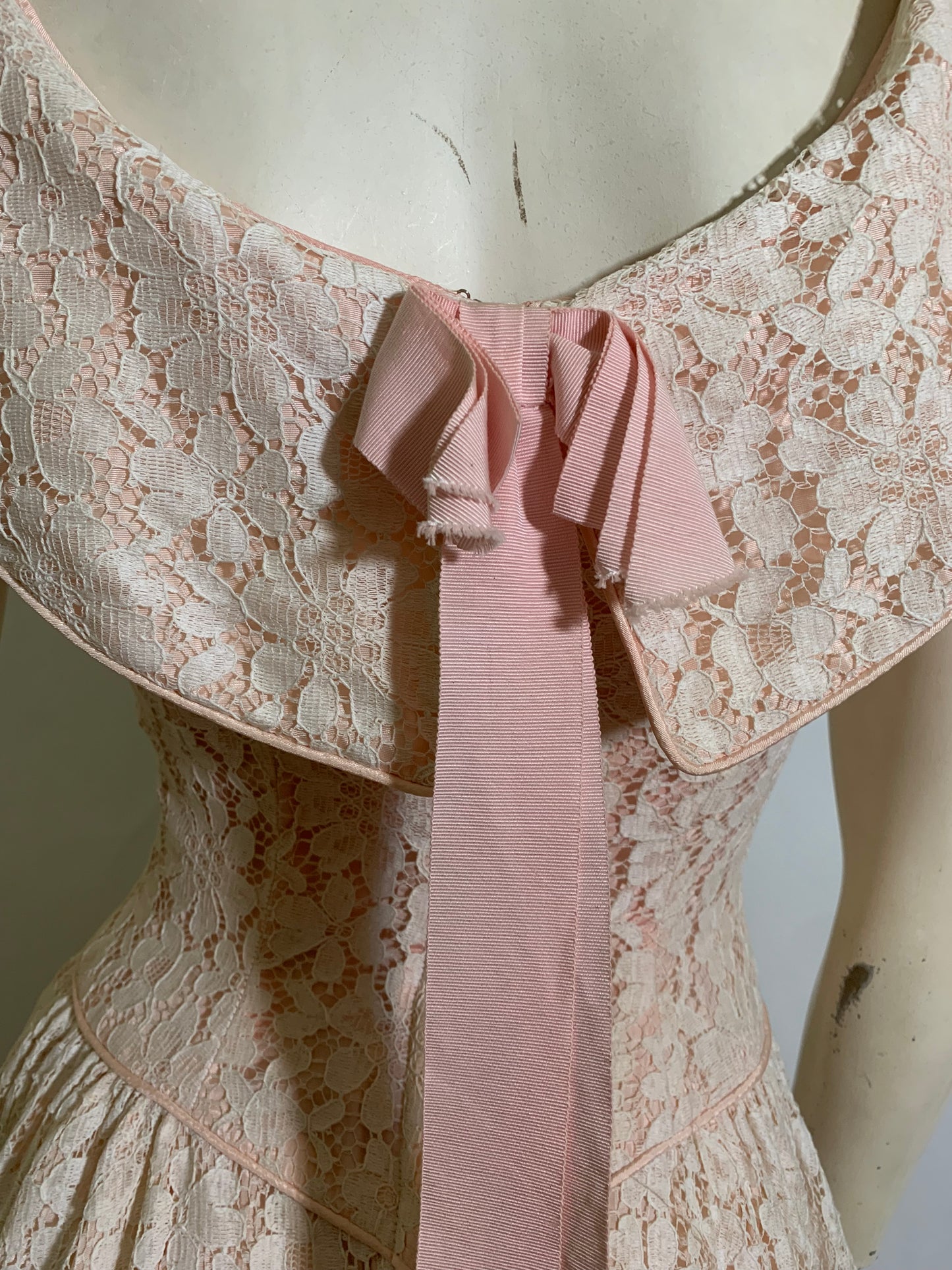 Baby Pink Lace Full Skirt Dress with Bow Back circa 1960s