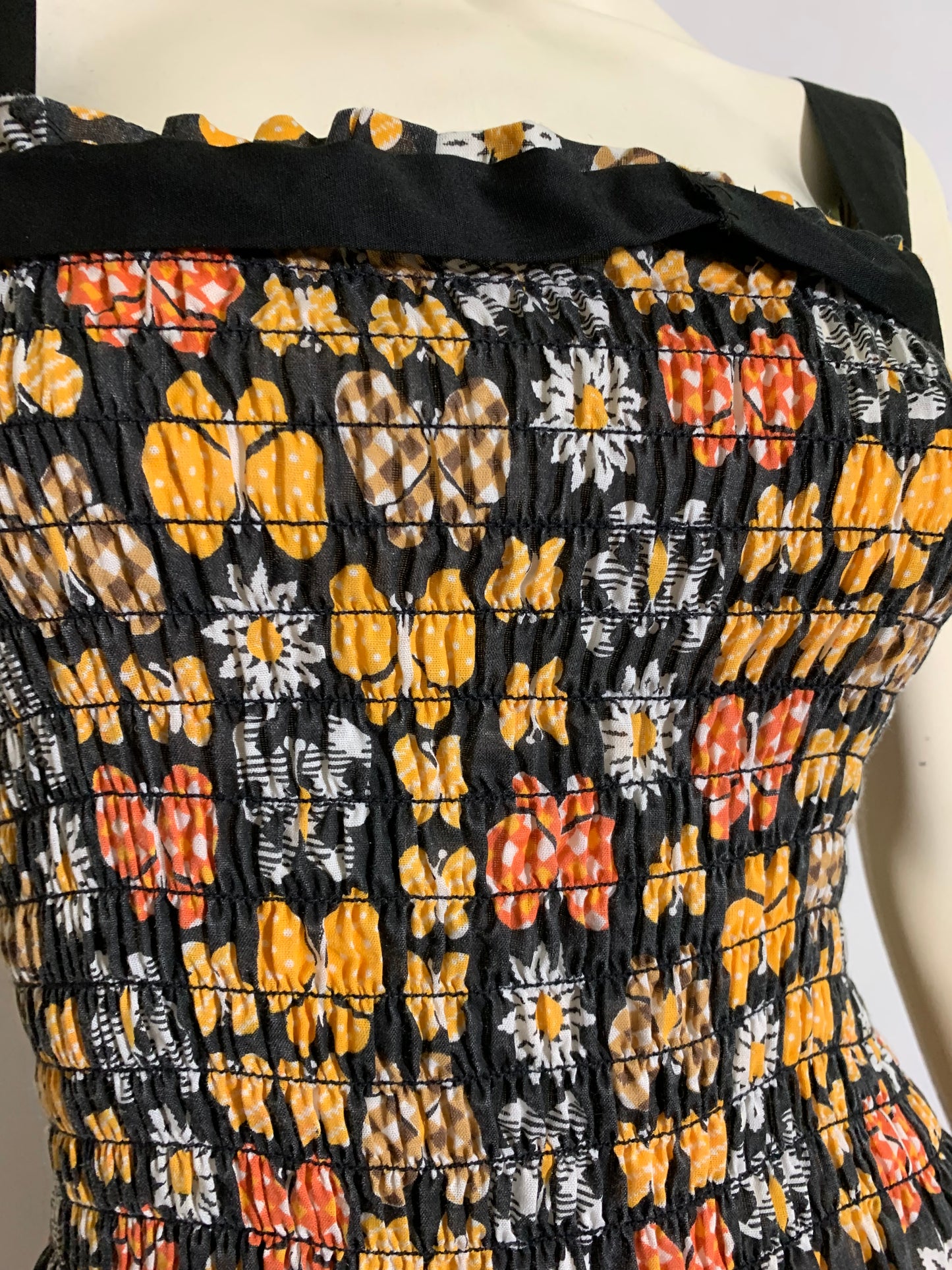 Smocked Bodice Butterfly Print Cotton Sun Dress circa 1970s