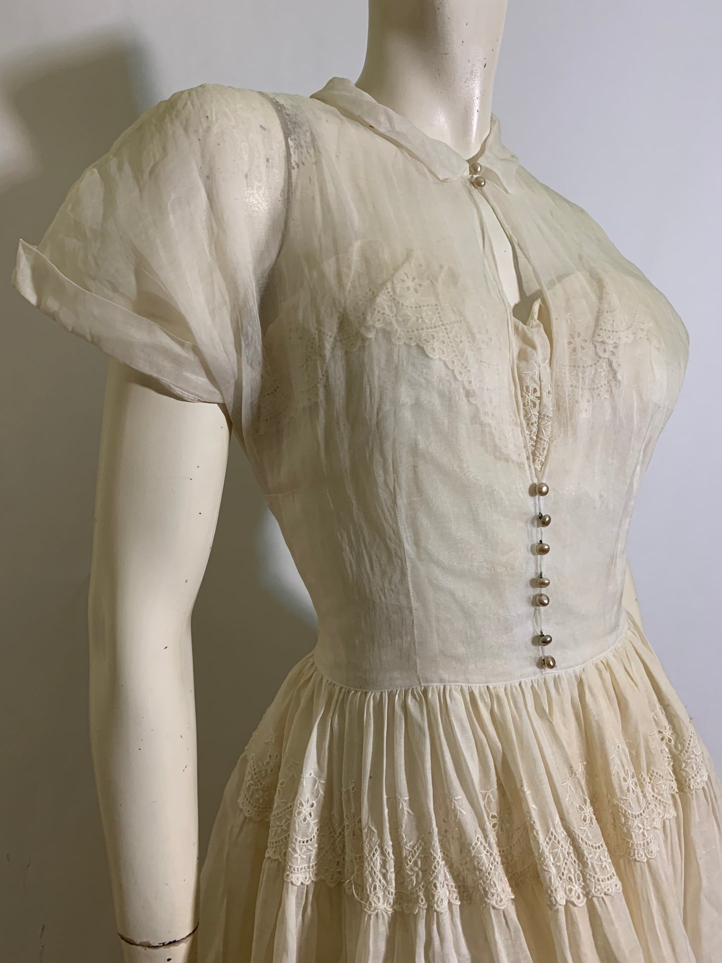 Sheer Off White Party Dress with Faux Pearl Buttons circa 1940s