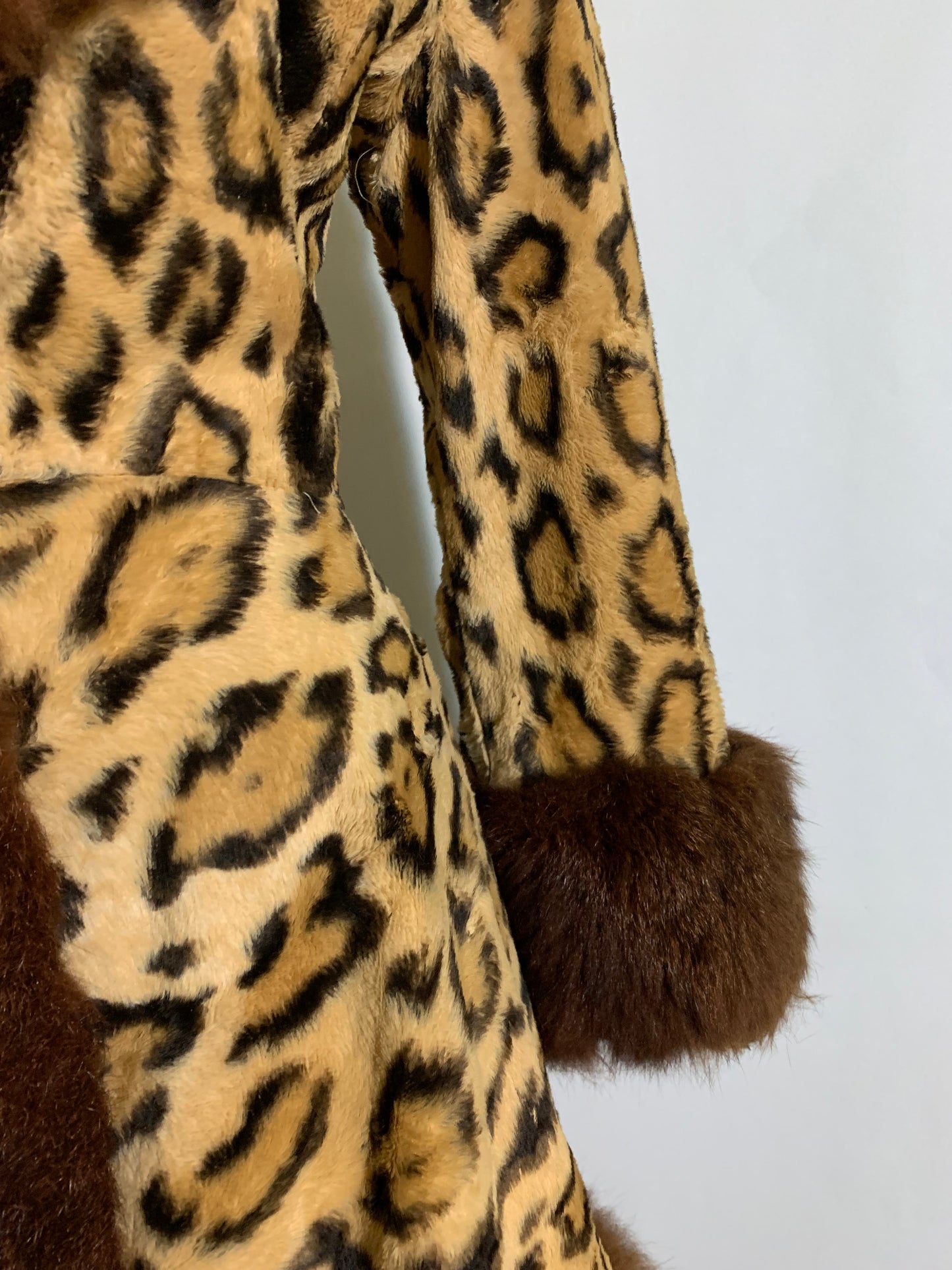 Incredible Leopard Print Faux Fur Nipped Waist Coat Full Skirt Fur Trim circa 1970s