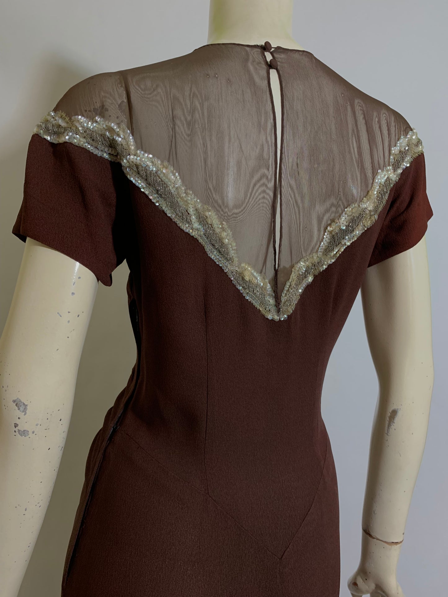 Hot Cocoa Colored Crepe Rayon Ruched Front Evening Dress with Beads and Sequins circa 1940s
