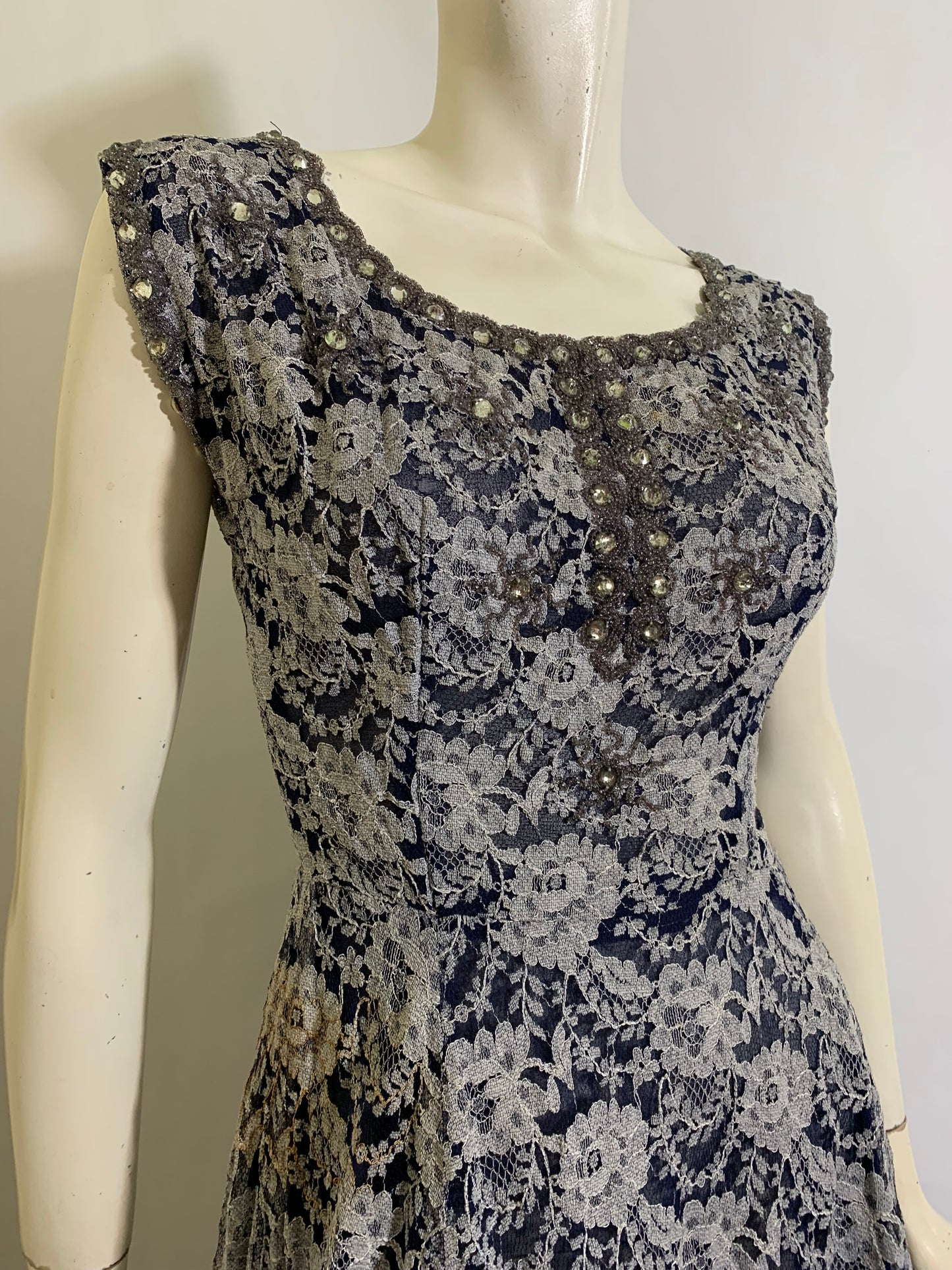 Deep Blue and White Lace Full Skirt Party Dress with Beading and Rhinestones circa 1950s