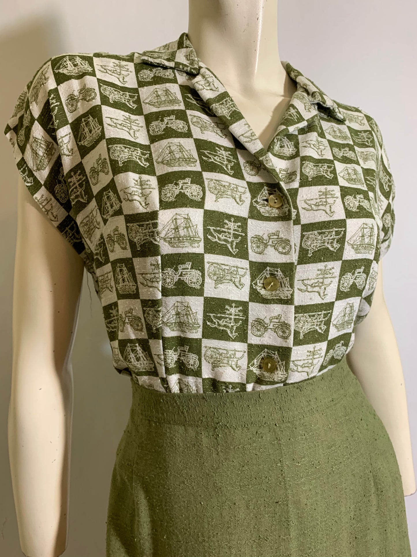 Sage Green Colonial Print Blouse, Jacket and Skirt Dress Set circa 1960s