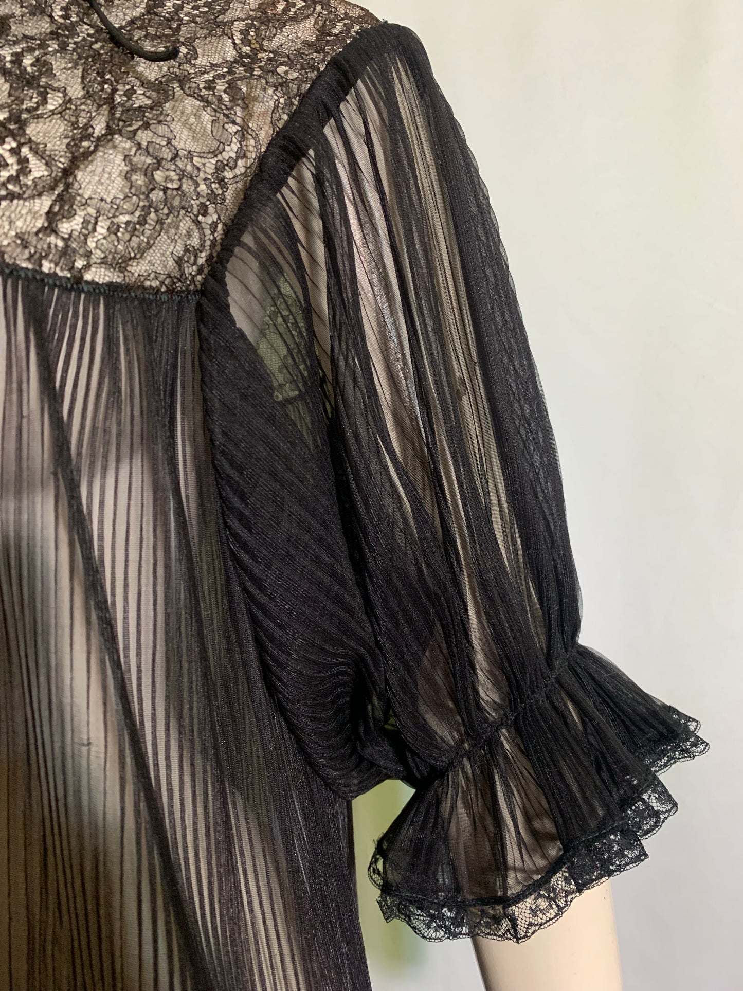 Sheer Black Pleated Chiffon Robe Lace Trim circa 1960s
