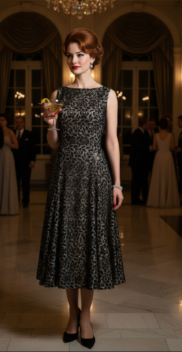 Black and Pink Illusion Lace Full Skirt Dress circa 1960s