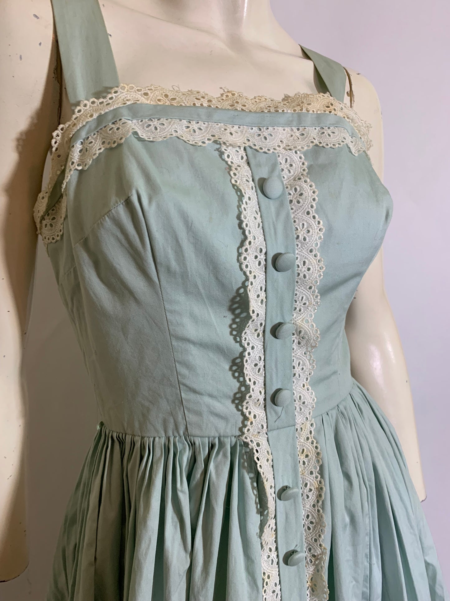 Palest Sky Blue Cotton Sun Dress with Lace Trim circa 1940s as is