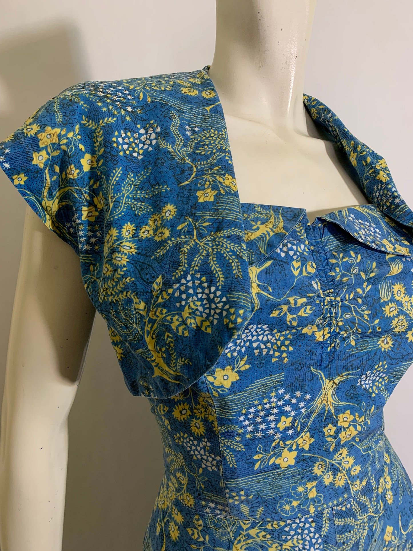 Rare Blue Toile Hawaiian Surf Label Strapless Dress and Bolero circa 1940s