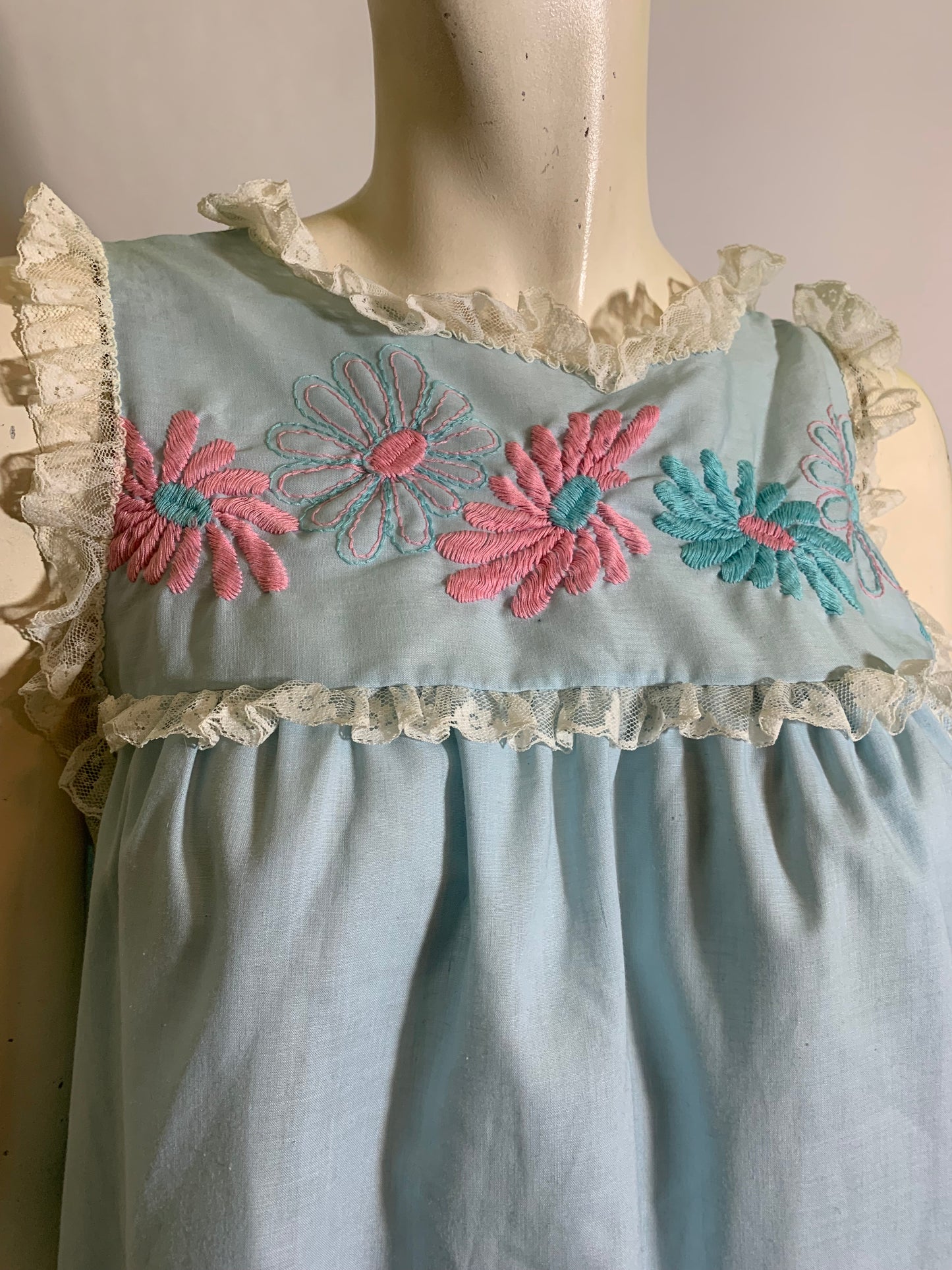 Baby Blue Cotton Nightgown with Embroidered Flowers circa 1960s