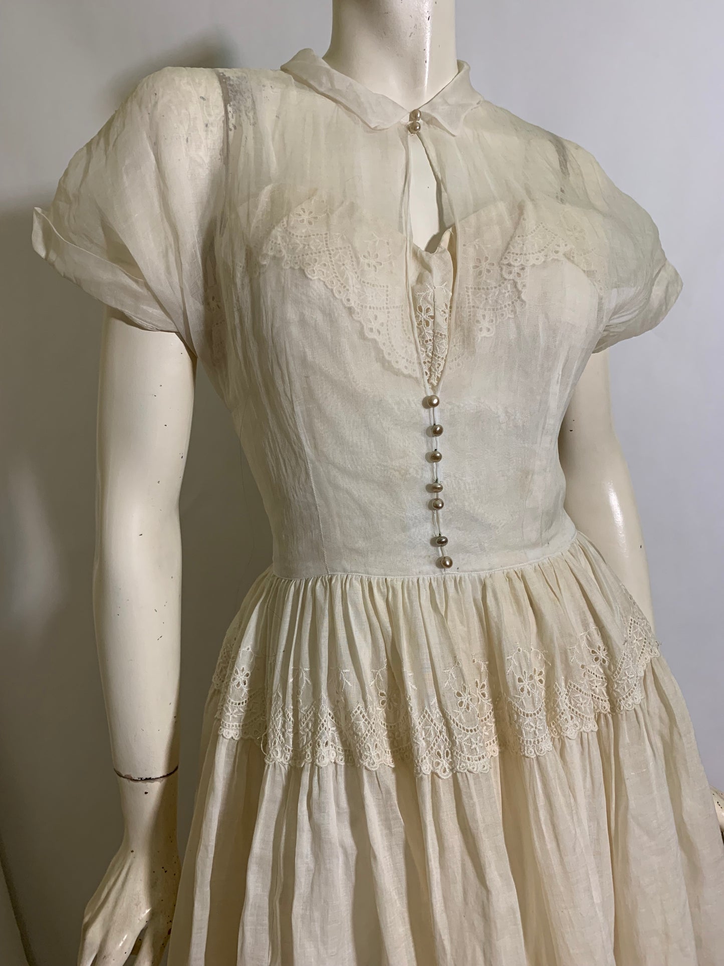 Sheer Off White Party Dress with Faux Pearl Buttons circa 1940s