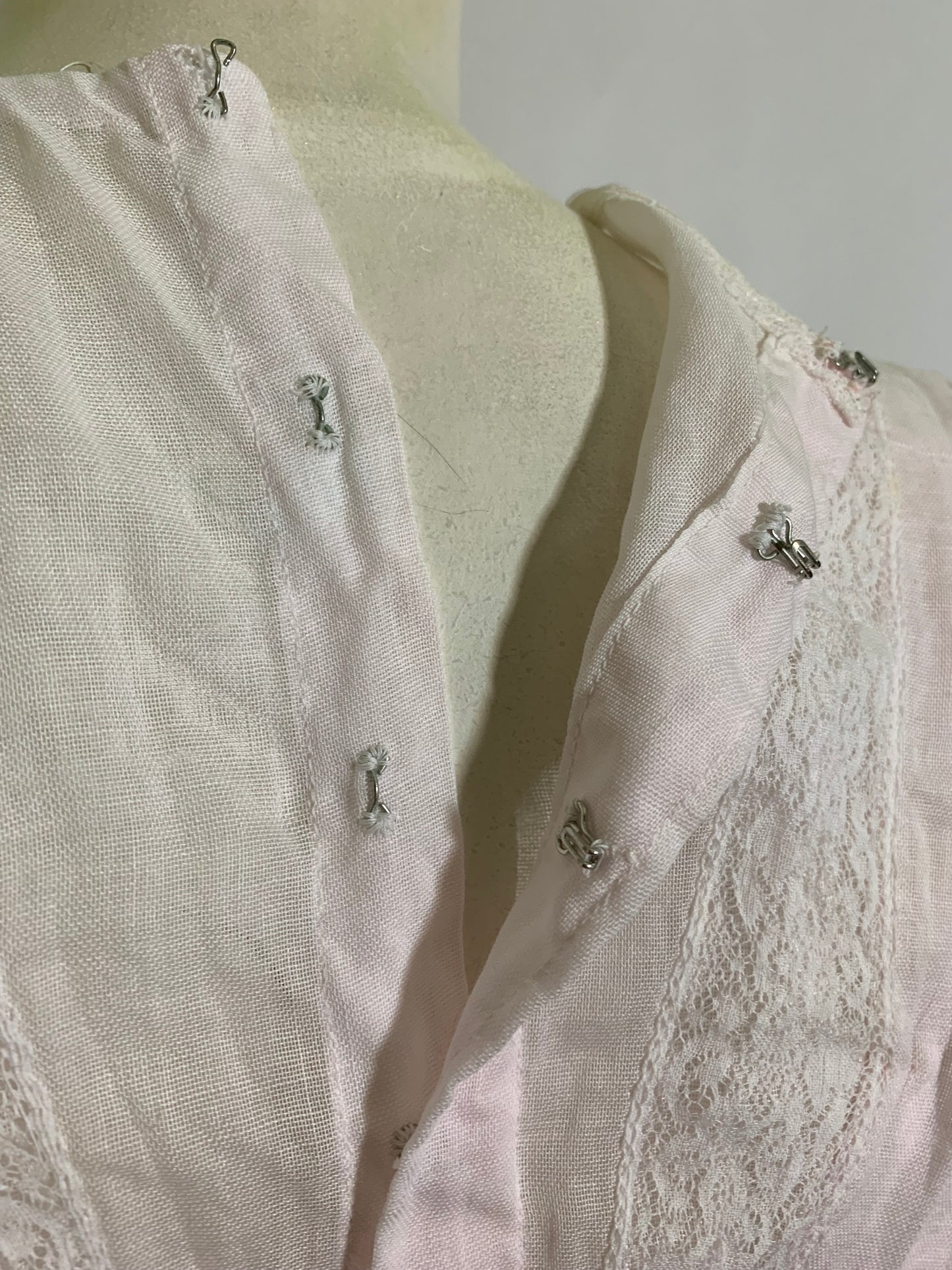 Palest Petal Pink Semi-Sheer Pink Cotton Edwardian Dress with Rosettes and Ribbon circa 1910s