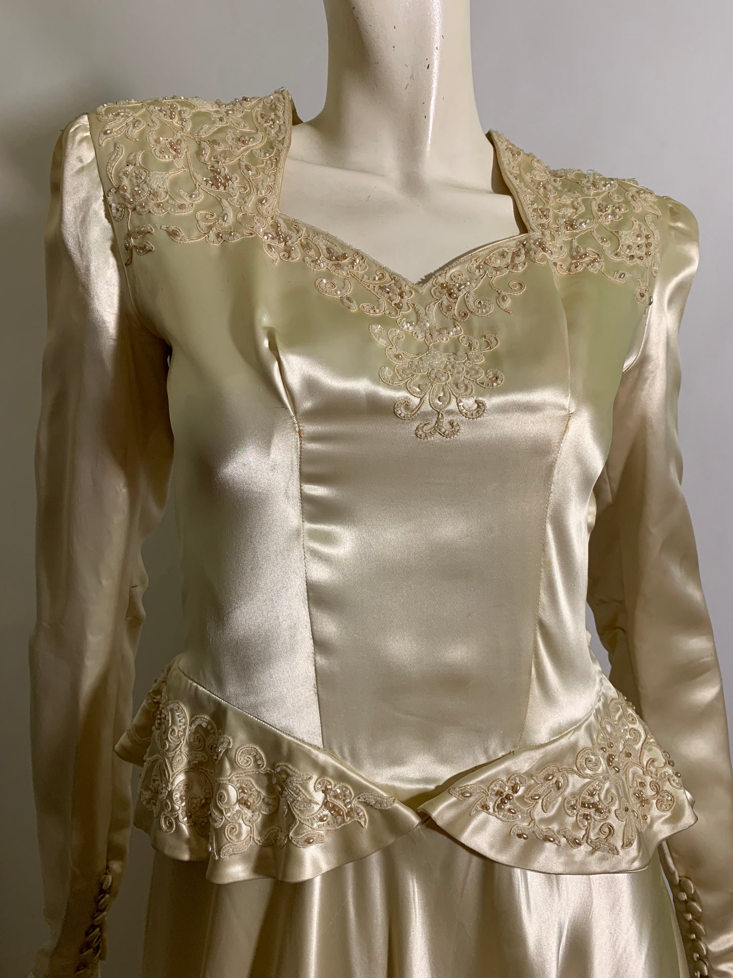 Winter White Slipped Satin Wedding Dress with Beaded Neckline and Hip Accents circa 1940s