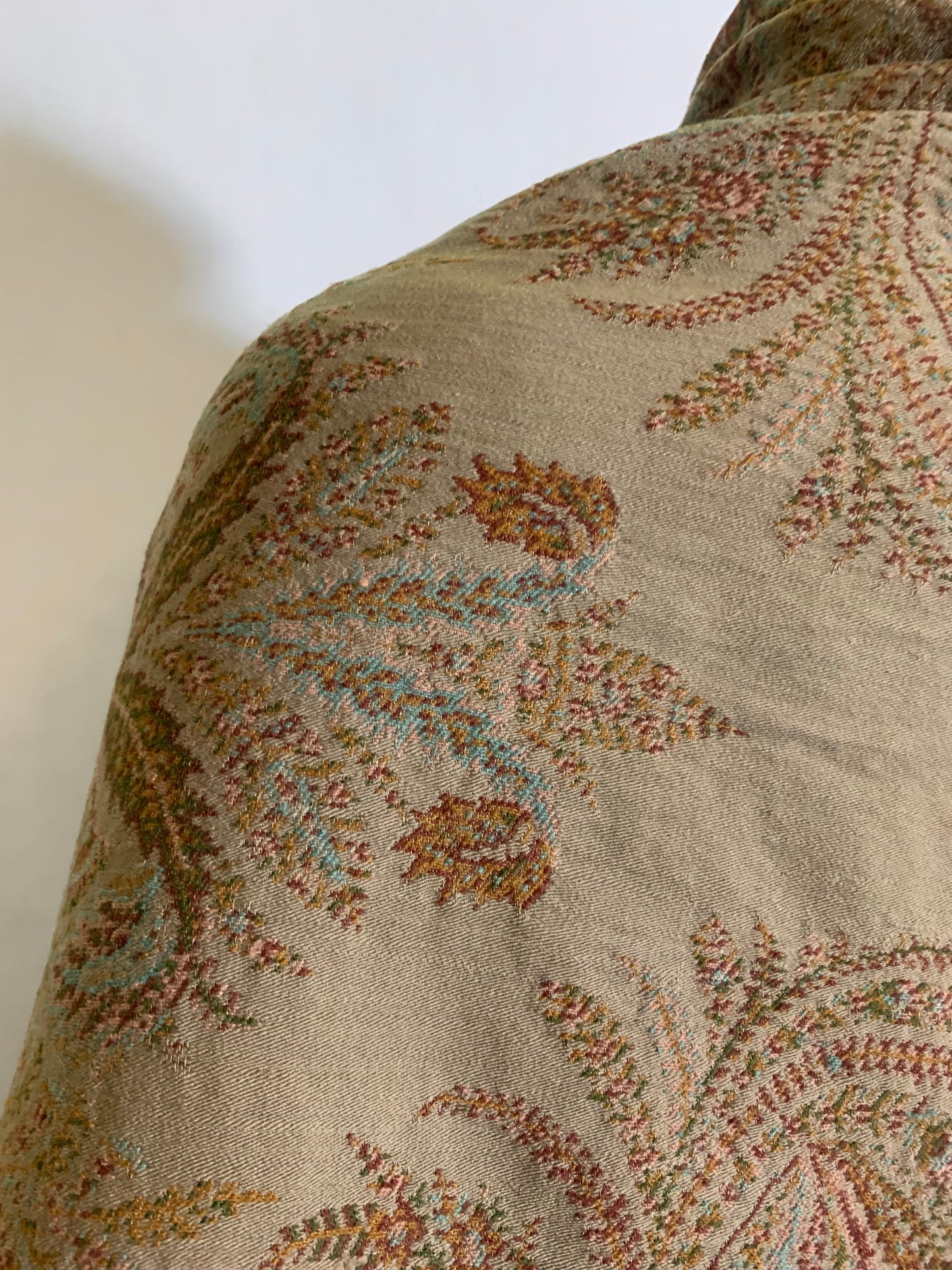 Turn of the Century Sage Green and Terra Cotta Paisley Brocade Wool Shawl circa 1900