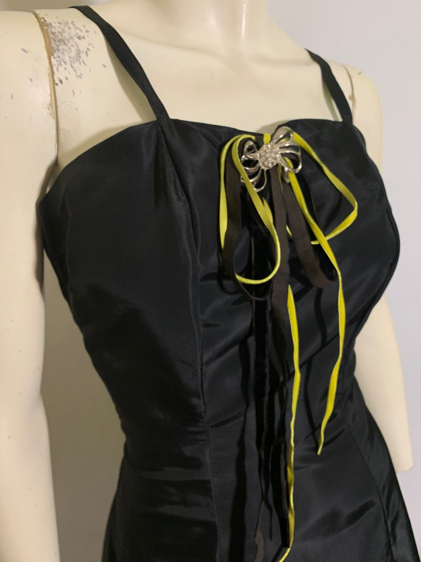 Panther Black Taffeta Evening Dress and Jacket Acid Green and Black Velvet Ribbons circa 1930s