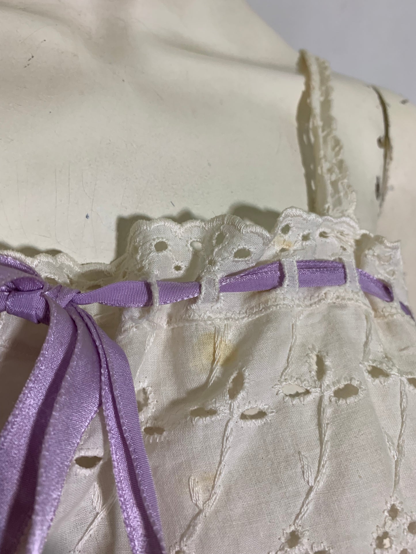 White Eyelet Cotton Bodice Cover Camisole with Lavender Ribbon circa 1910s