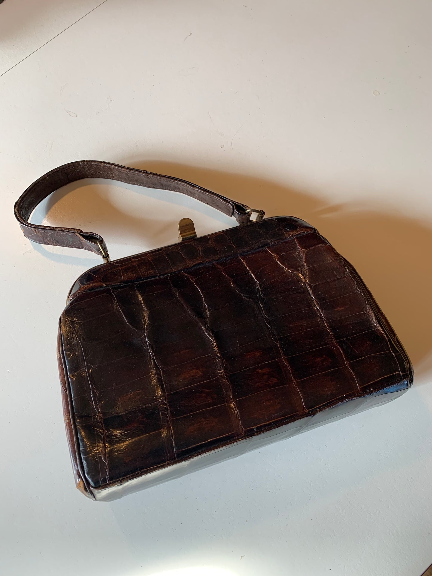 Chocolate Brown Alligator Kelly Style Handbag circa 1940s