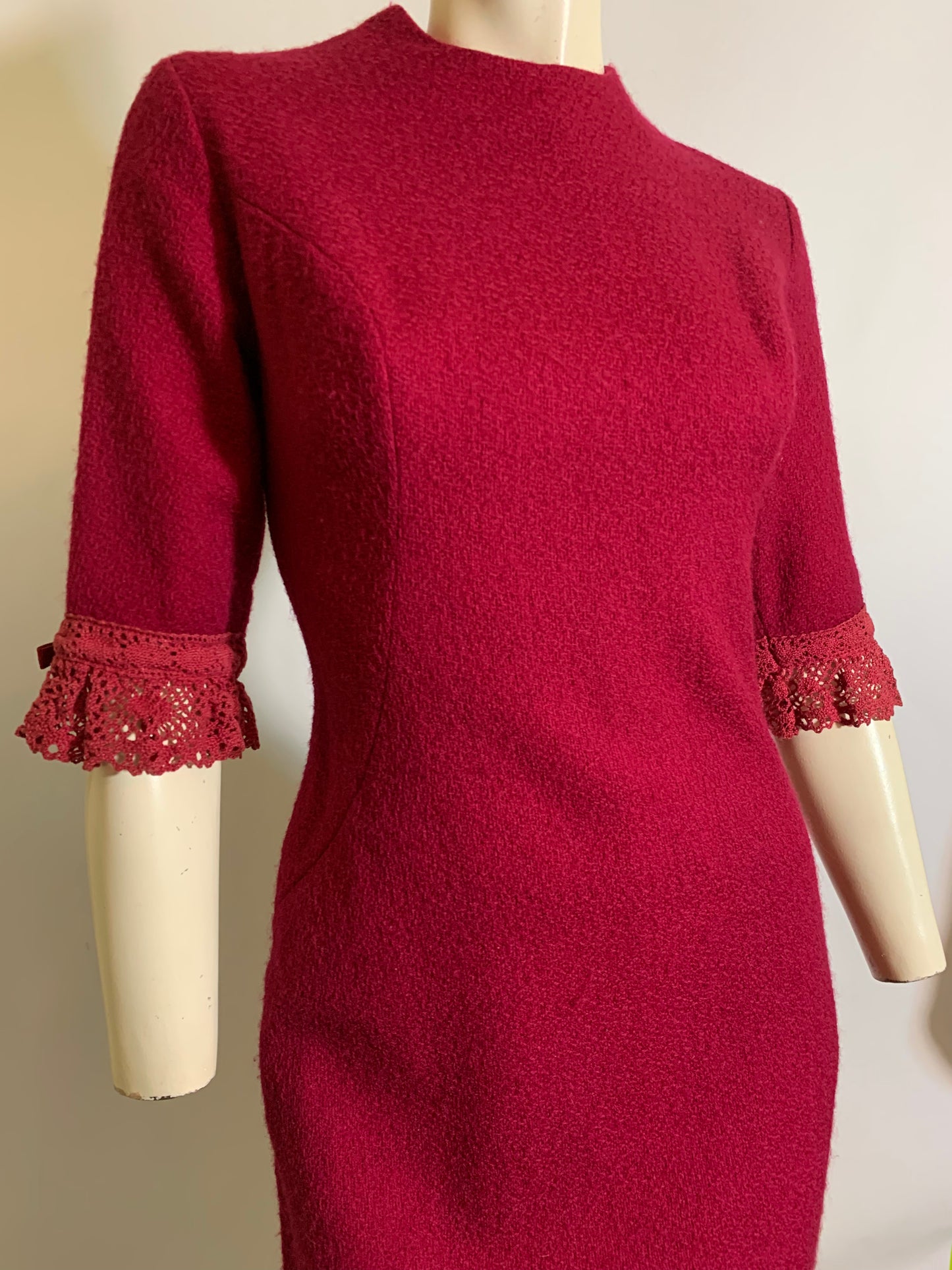 Raspberry Textured Wool Sheath Dress with Lace Cuffs circa 1960s
