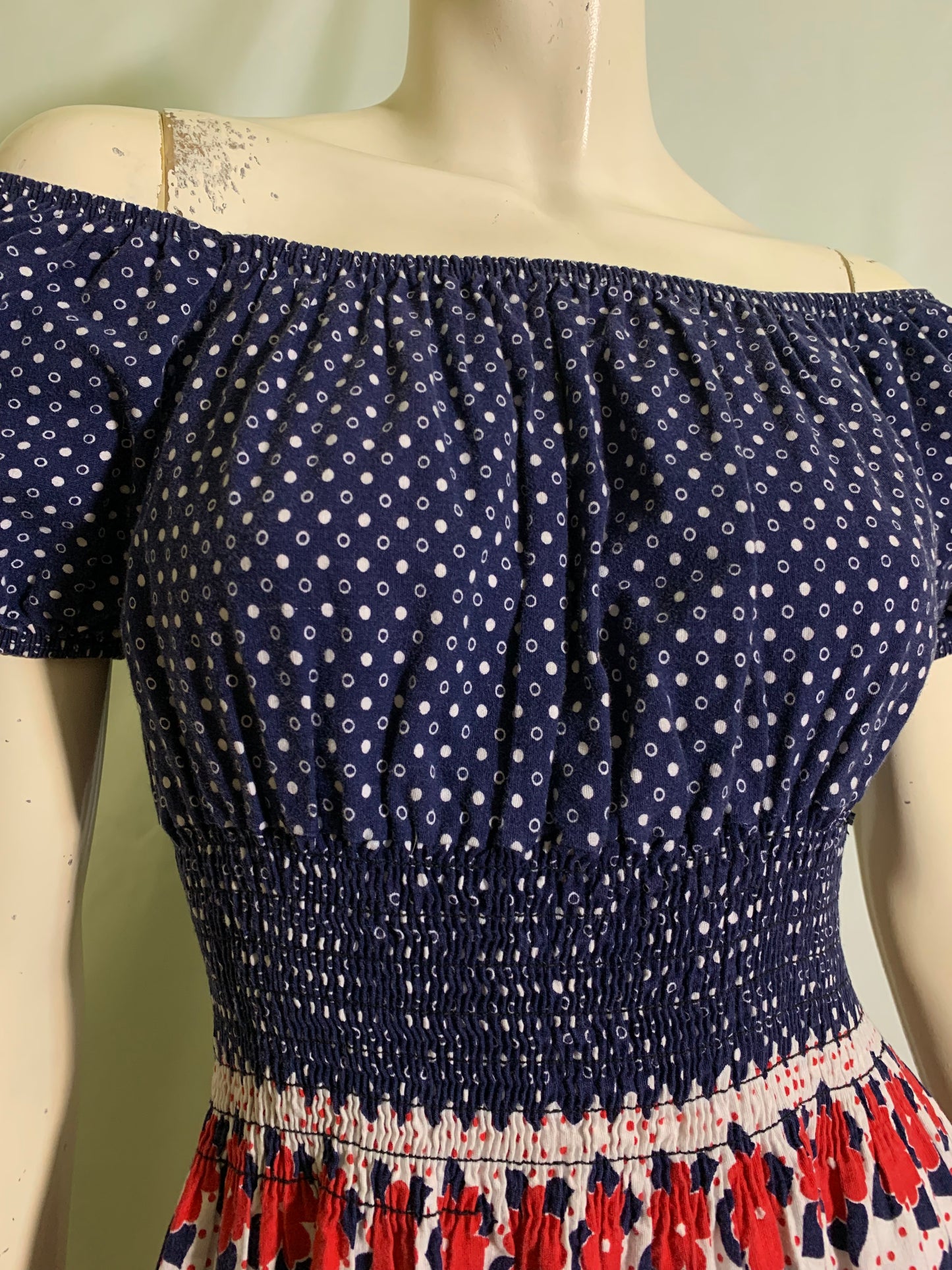 Perky Little Red White and Blue Smocked Bodice Mini Dress circa 1970s