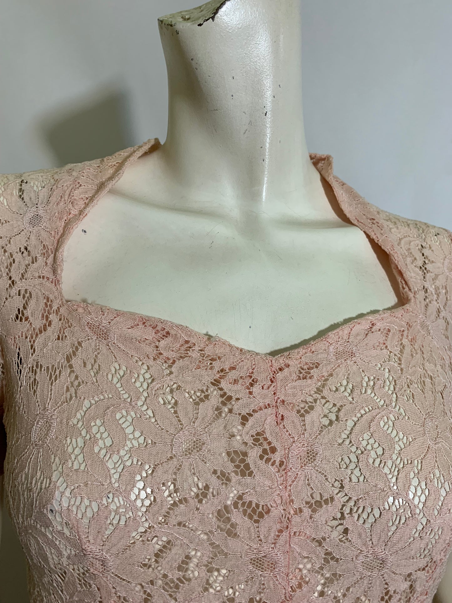 Baby Pink Sheer Lace Dress Sweetheart Neckline circa 1940s