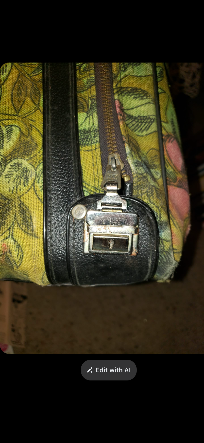 Blue Rose Print Avocado Green Floral Design Suitcase circa 1970s