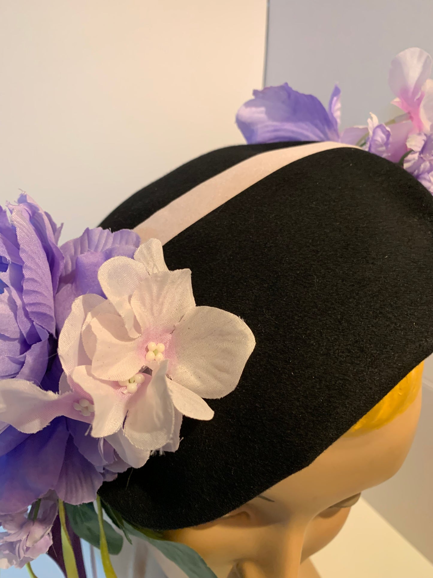 Purple Haze Reimagined Black 1940s Tilt Hat Purple Peonies and Ribbons