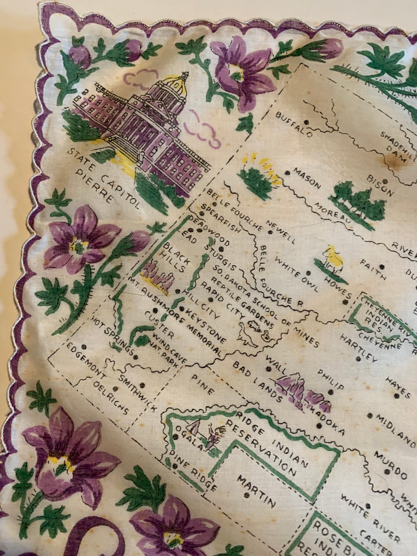 South Dakota Souvenir Cotton Handkerchief circa 1950s