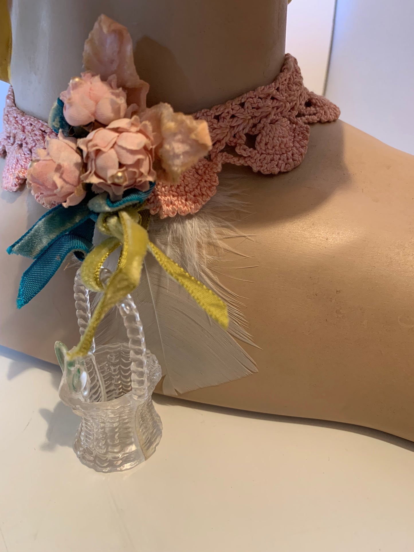 Faith is a Bluebird Reimagined Antique Crocheted Choker Necklace with Flowers and Bluebird on Basket
